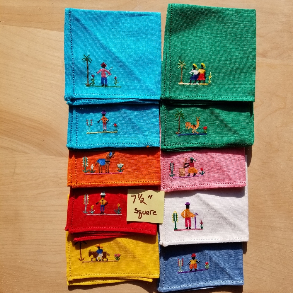 10 Cocktail Napkins Coasters Multicolor Embroidered Tropical 7.5" Square Vintage
